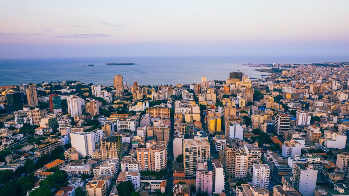 Aerial view of the Dakar coastal city with buildings and greenery in Senegal, West Africa — aircraft charter services in Africa
