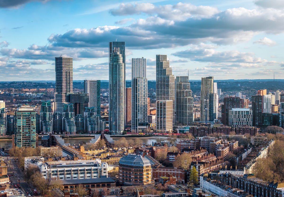 Aerial skyline of central London with the River Thames — private flights to Europe from Kenya