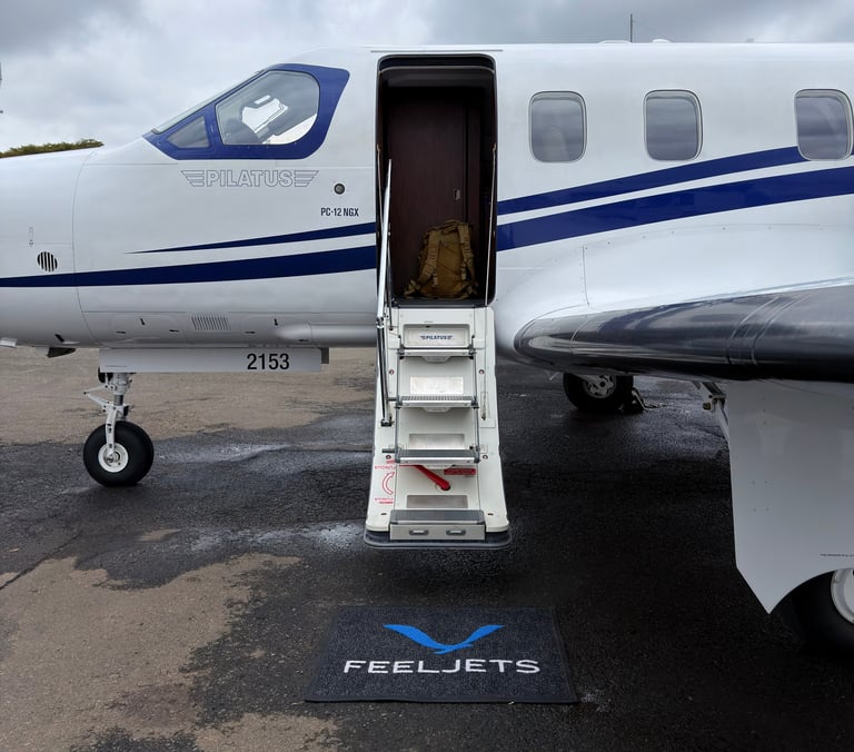 FeelJets aircraft with open door and stairs deployed on tarmac