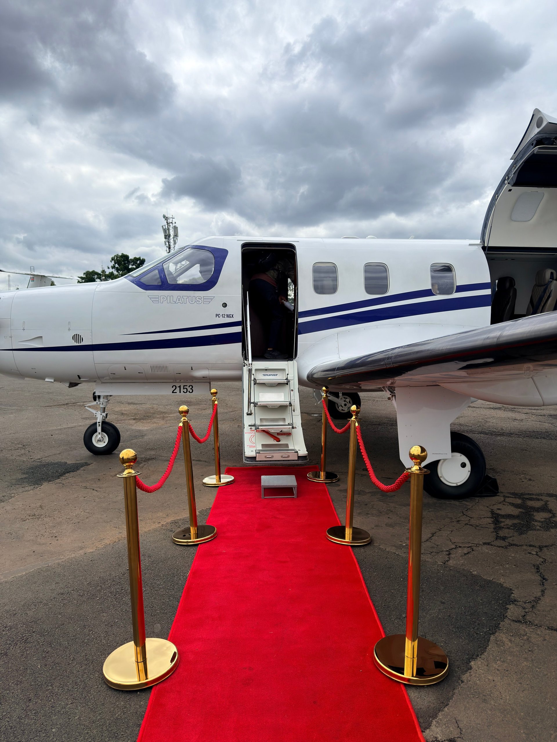 Red carpet and gold stanchions leading to the open door of a white and blue private airplane on the tarmac under cloudy sky