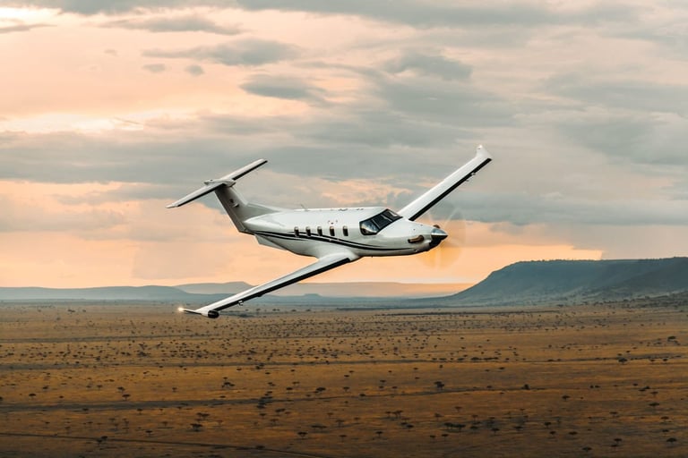 Twin-engine aircraft flying low over desert landscape with mountains in the distance under a cloudy sky