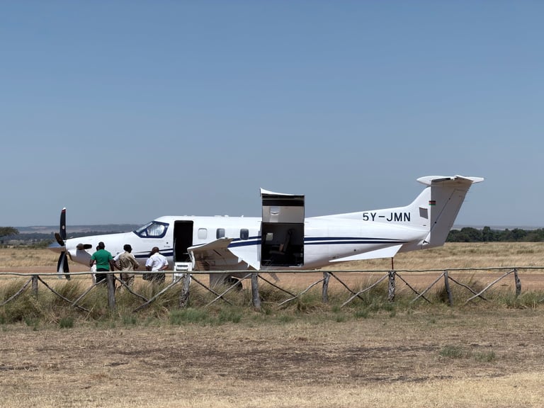 Small aircraft parked on dry ground with people standing nearby, metal fence in foreground
