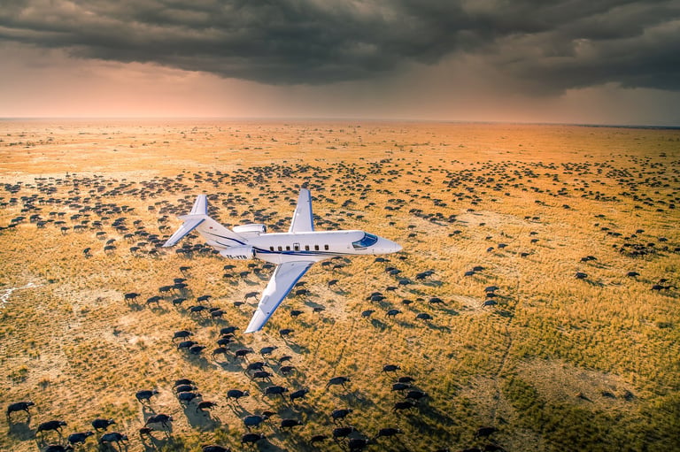 White aircraft abandoned in desert landscape with scattered rocks under stormy sky