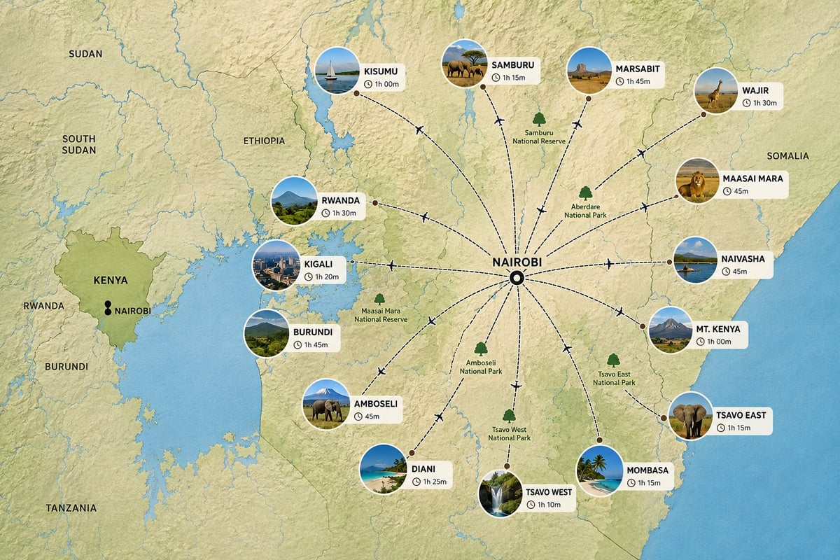 Map of Kenya showing Nairobi at center with tourism destinations and landmarks connected by lines to various regions and cities across the country