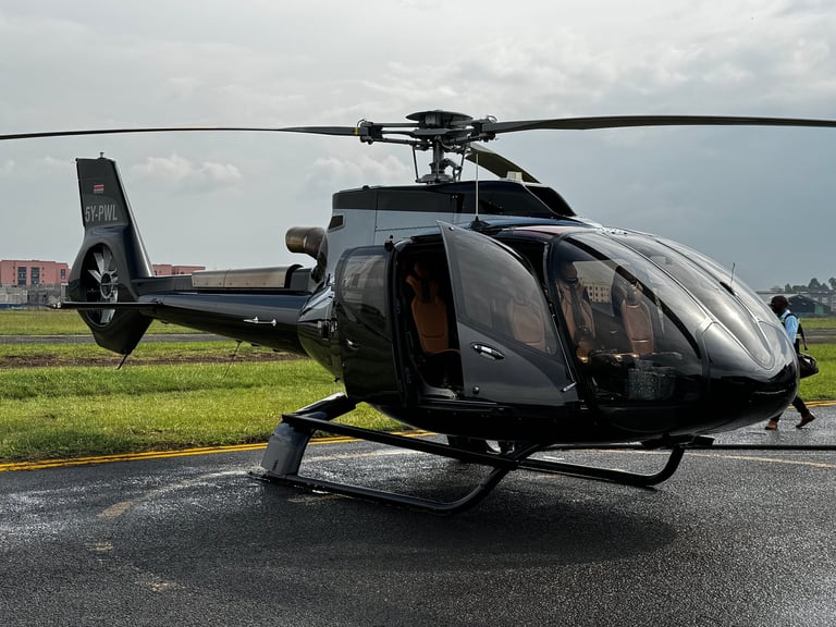 Black helicopter parked on tarmac with rotor blades extended, green field and buildings visible in background